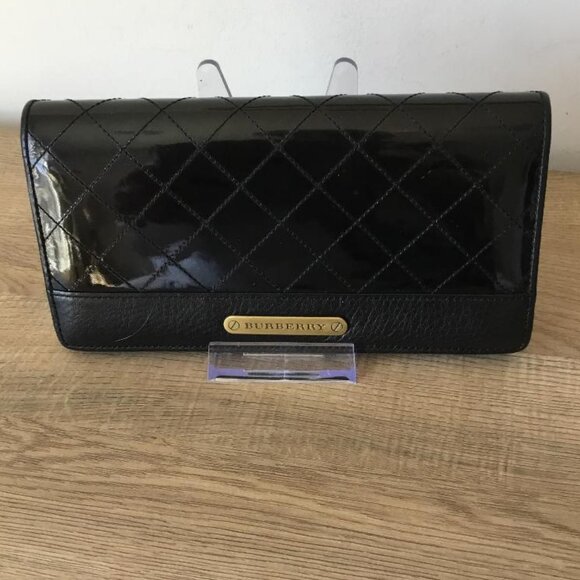 Burberry Handbags - Burberry Black Quilted Patent Leather Long Wallet w/Gold Tone Logo Plate